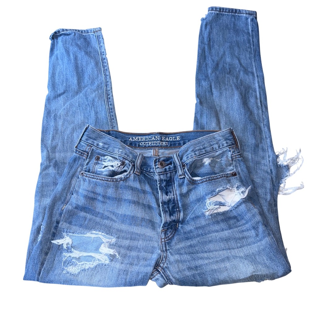 American Eagle Vintage Hi-Rise Jeans 2 Blue Distressed Ripped Button Fly Cotton